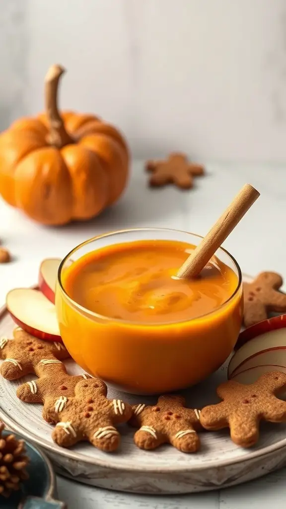 Pumpkin spice fondue in a bowl with apple slices and gingerbread cookies around it.