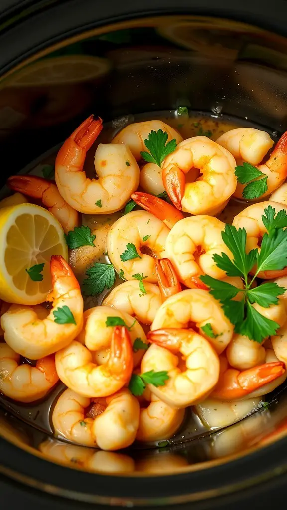 A close-up of zesty lemon garlic shrimp in a crockpot, garnished with parsley and lemon slices.