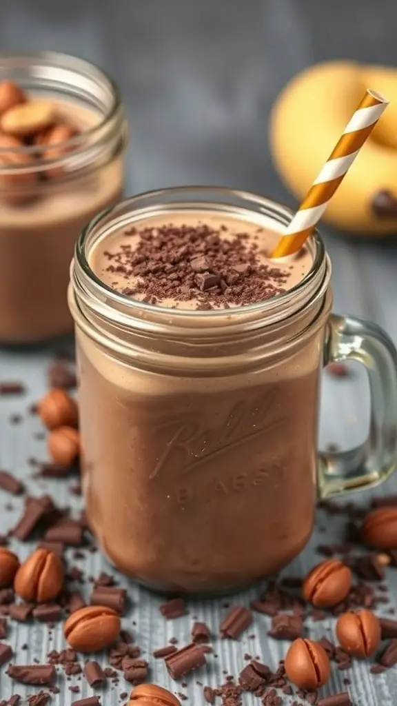 A creamy chocolate peanut butter smoothie in a glass jar, topped with chocolate shavings and surrounded by chocolate pieces and coffee beans.