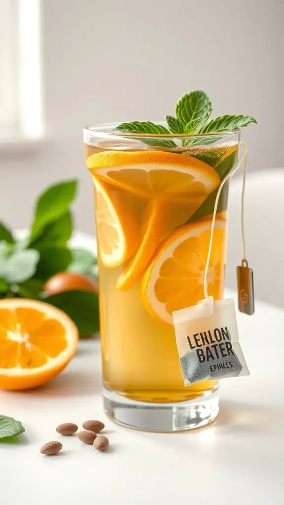 A refreshing glass of citrus green tea with lemon slices and mint leaves.