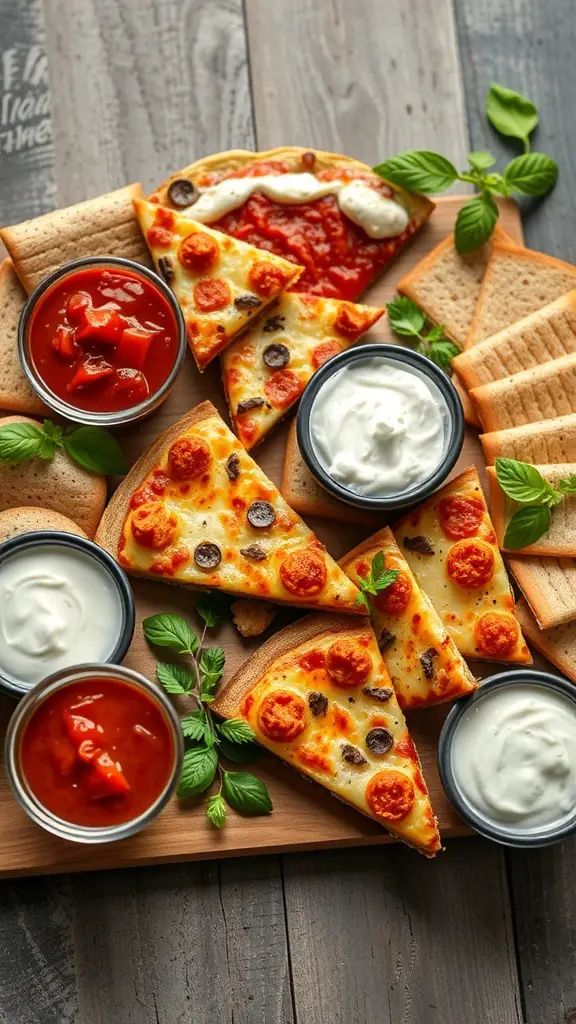 A pizza charcuterie board featuring slices of pizza and various dipping sauces.