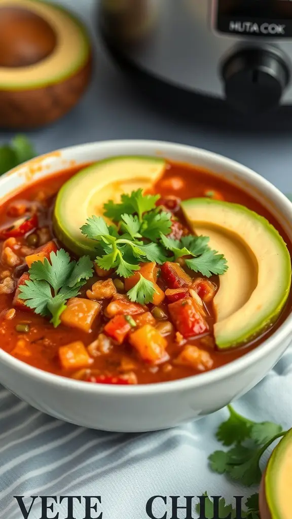 A bowl of vegetarian chili with black beans, topped with avocado slices and cilantro, next to a multicooker.