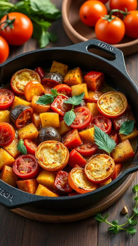A colorful dish of ratatouille with fresh herbs, featuring tomatoes, squash, and peppers.