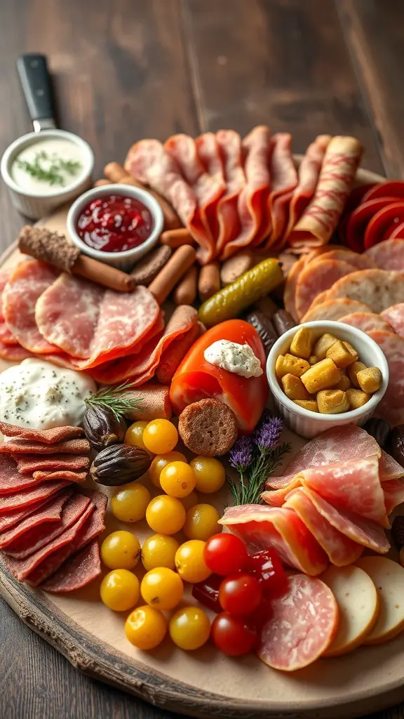 A beautifully arranged gourmet charcuterie board featuring various meats, cheeses, fruits, and dips.