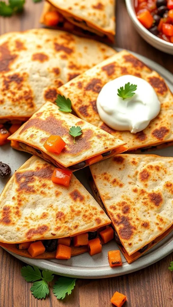 Golden brown sweet potato and black bean quesadillas on a plate with sour cream and cilantro.
