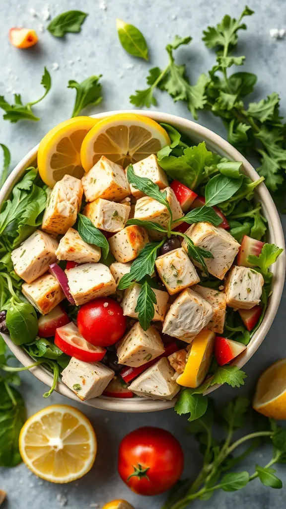 A bowl of Zesty Lemon Herb Chicken Salad with grilled chicken, fresh greens, and colorful vegetables, garnished with lemon slices.