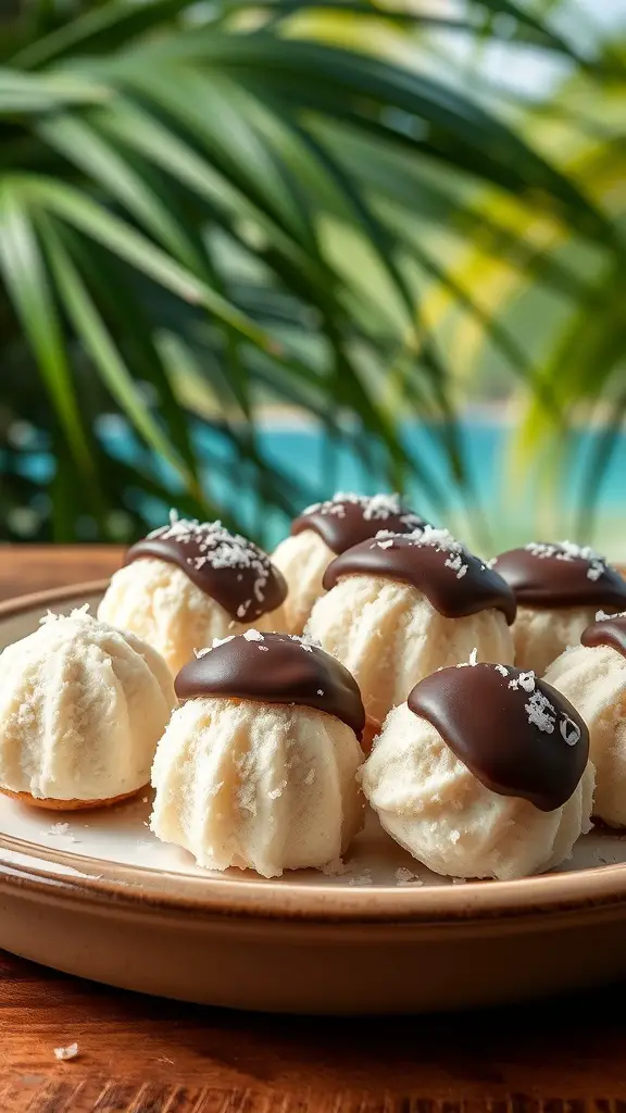 Coconut macaroons topped with dark chocolate on a plate