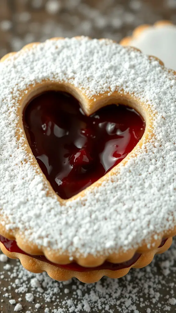 Heart-shaped Raspberry Linzer cookie with powdered sugar