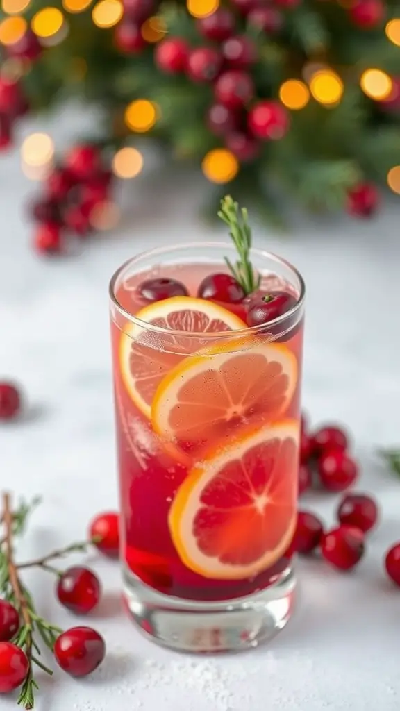 A glass of Cranberry Citrus Sparkler with lemon slices and cranberries, surrounded by festive decorations.