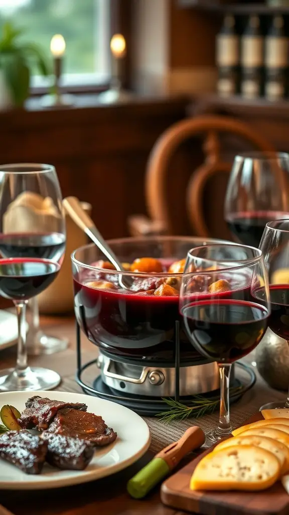 A cozy table setting featuring red wine and herb beef fondue with glasses of wine, cheese, and sliced beef.