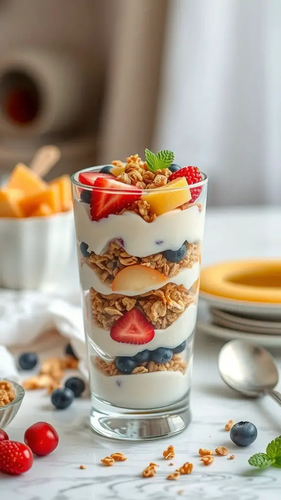 A delicious fruit and nut yogurt parfait with layers of yogurt, granola, and fresh fruits in a glass.