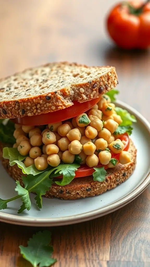 A Smashed Chickpea Salad Sandwich with chickpeas, tomatoes, and greens on whole grain bread.