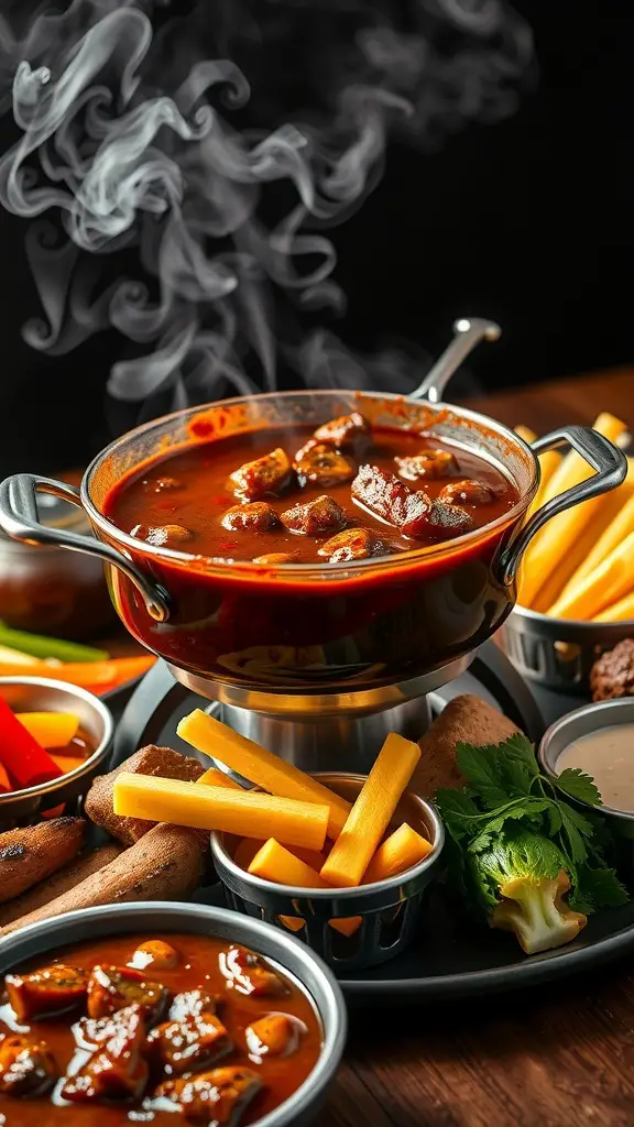 A pot of smoky BBQ beef fondue with various dipping ingredients.