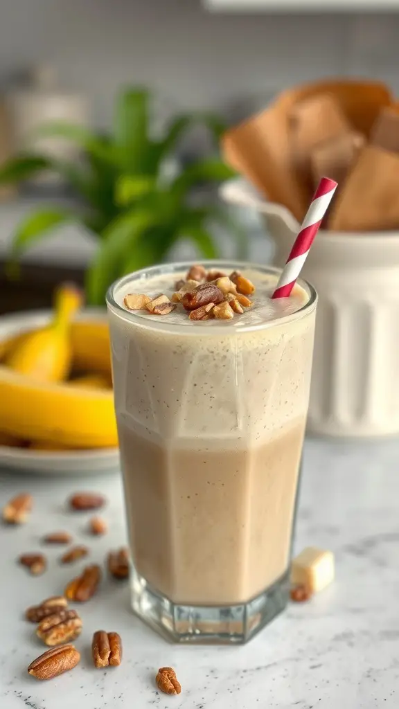 A glass of Nutty Banana Date Smoothie topped with nuts, with bananas in the background.