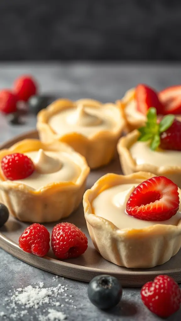 Vanilla custard puff pastry cups topped with strawberries and raspberries