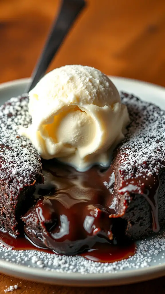 Chocolate lava cake with a scoop of vanilla ice cream on top