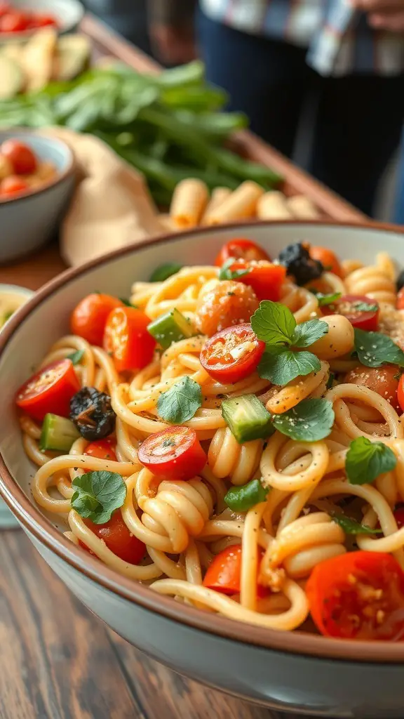 A bowl of Pasta Primavera with fresh vegetables including cherry tomatoes and herbs.