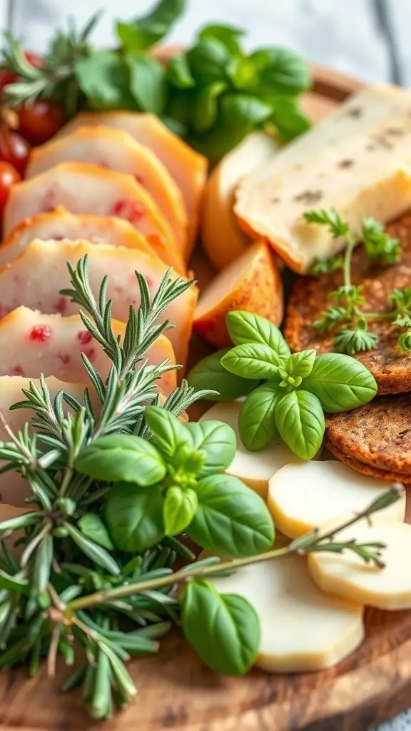 A close-up of a charcuterie board featuring various cheeses, meats, and fresh herbs like basil and rosemary.