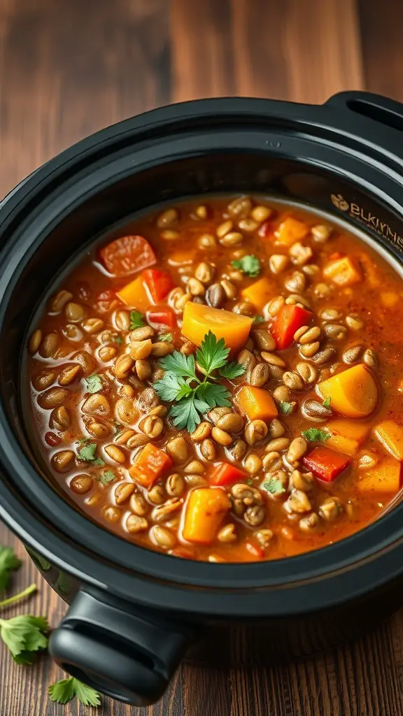 A close-up of a hearty lentil and vegetable stew in a black crockpot, featuring lentils, carrots, and bell peppers.