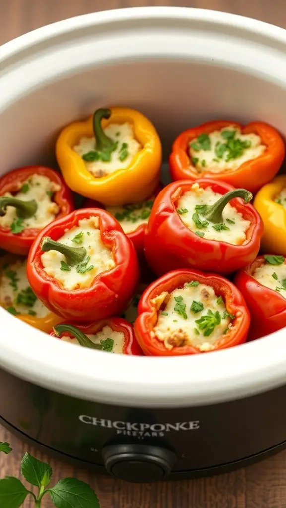 Crockpot filled with stuffed mini peppers in red, yellow, and green colors.