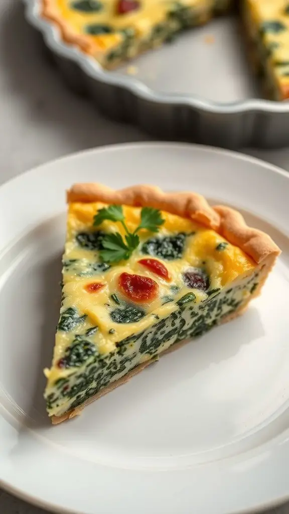 A slice of spinach and cheese quiche on a white plate, garnished with parsley.