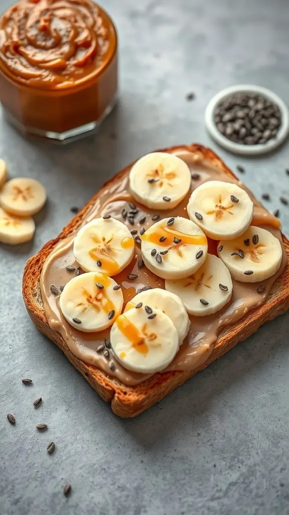 A slice of toast topped with peanut butter, banana slices, and a drizzle of maple syrup.