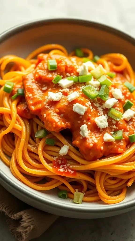 A bowl of spaghetti squash topped with buffalo chicken, garnished with green onions and cheese.