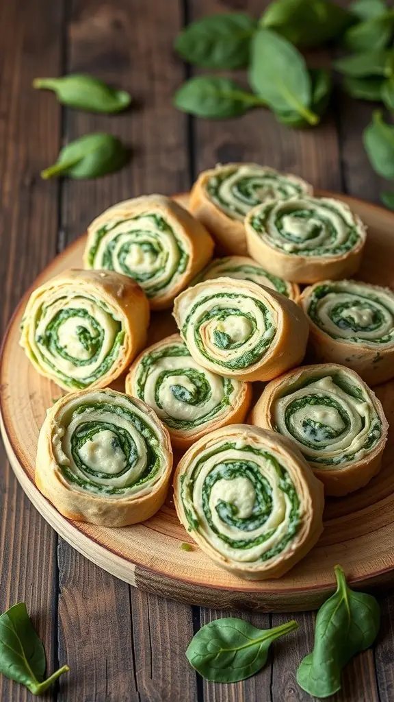 A platter of creamy spinach and artichoke pinwheels, showcasing their green filling and rolled appearance.