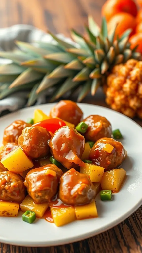 A plate of sweet and sour meatballs with pineapple and bell peppers