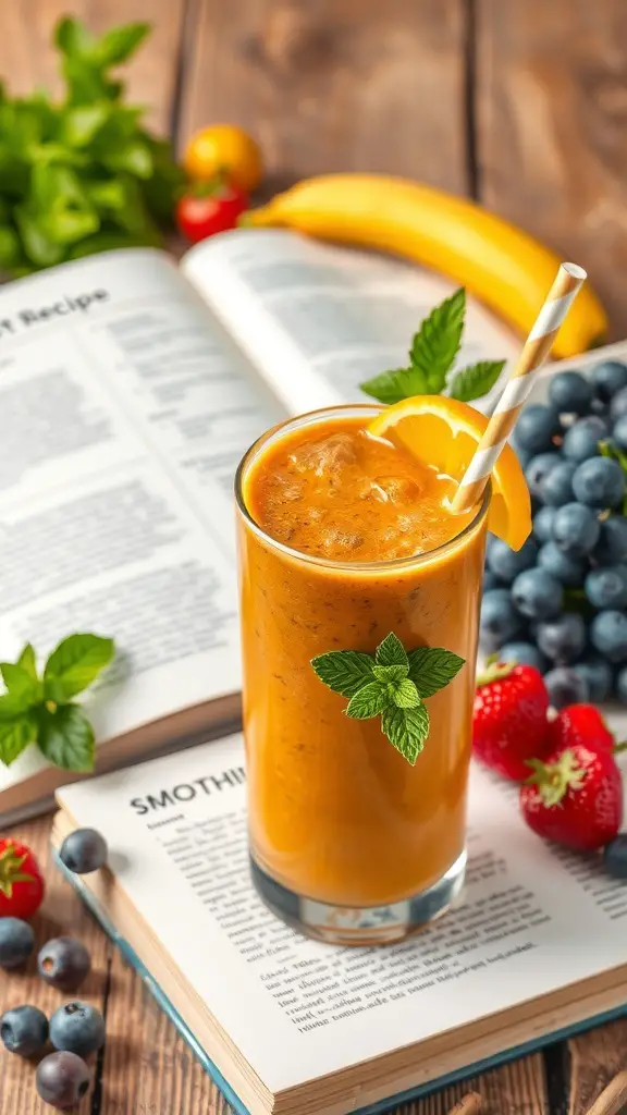 A colorful smoothie in a glass with mint leaves, surrounded by fruits and a recipe book.