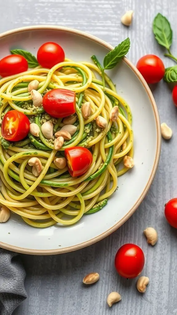 A plate of pesto zucchini noodles topped with cherry tomatoes and cashews.