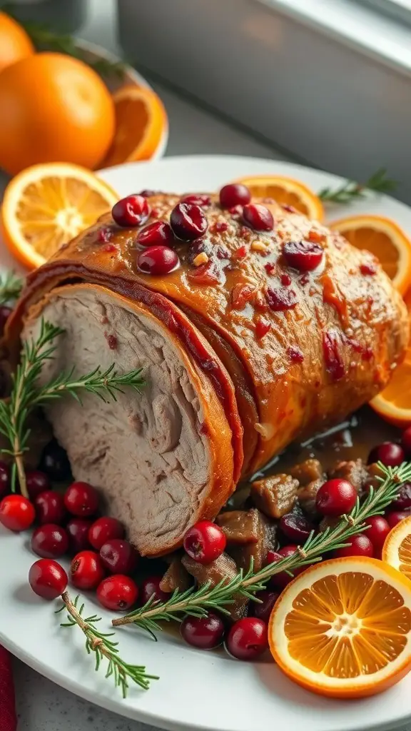 Cranberry Orange Pork Roast with cranberries and orange slices on a plate