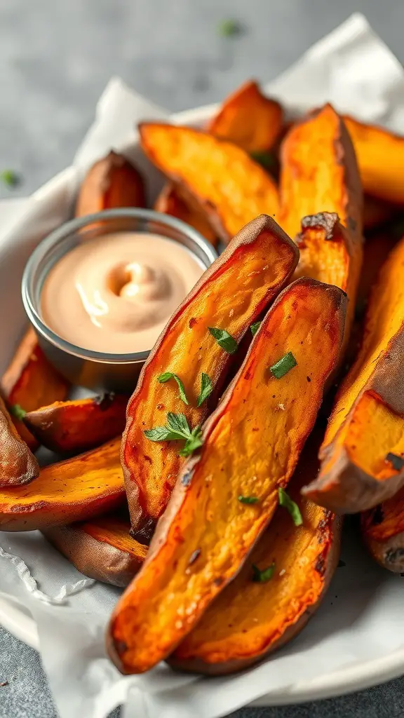 Crispy air fryer sweet potato wedges served with a dipping sauce