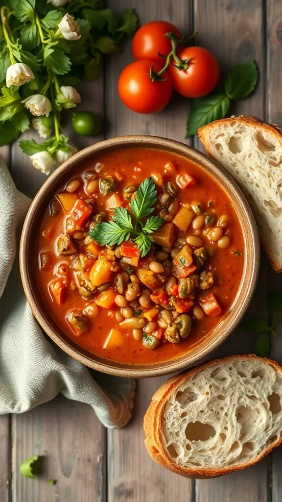 A bowl of spicy lentil and tomato stew with fresh herbs and slices of bread on the side.