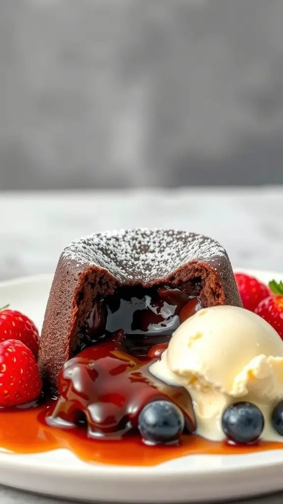 A plate of chocolate lava cake with a molten center, served with vanilla ice cream and fresh berries.