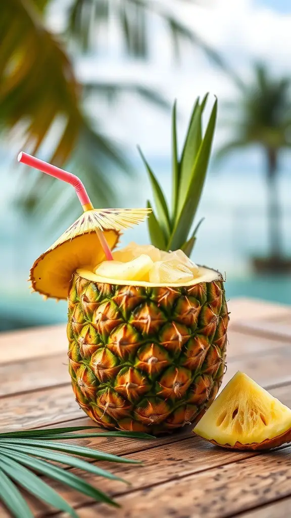 A refreshing pineapple coconut drink served in a pineapple with a straw and umbrella.