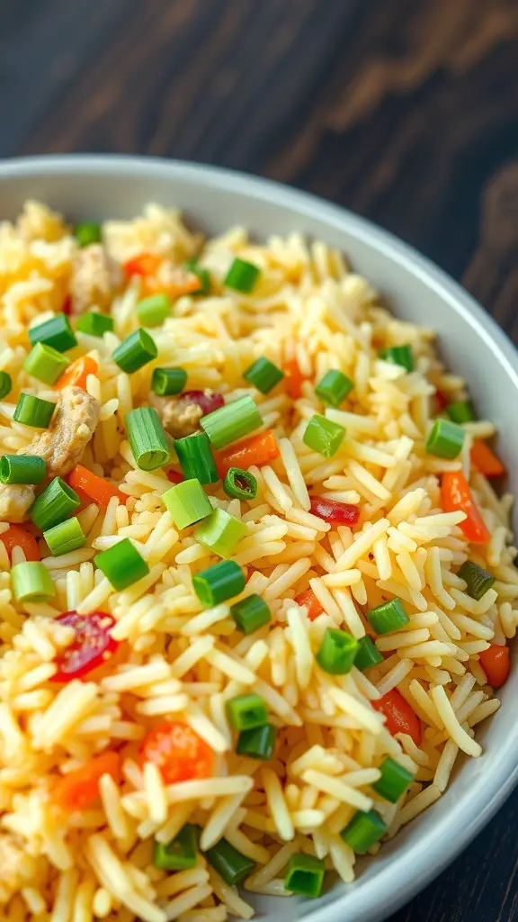 A bowl of egg fried rice with vegetables, featuring colorful ingredients like green onions and bell peppers.