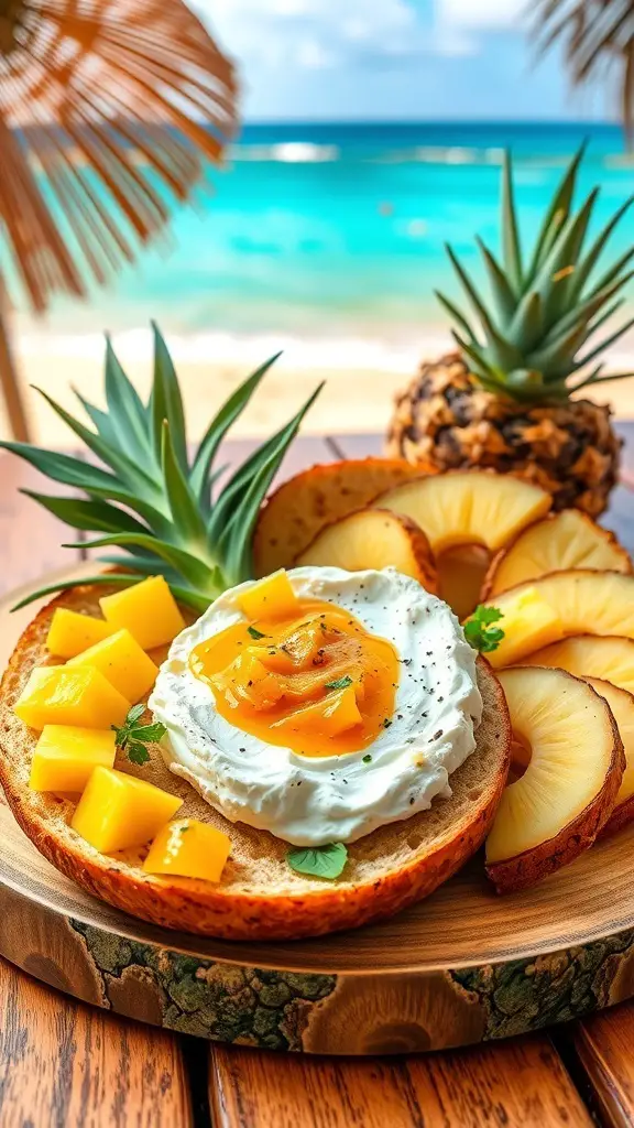 A tropical bagel board featuring a toasted bagel topped with mango, cream cheese, and pineapple, set against a beach backdrop.