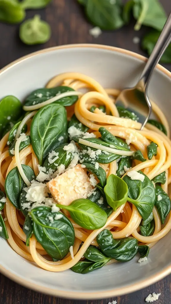 A bowl of creamy garlic pasta with spinach topped with cheese.