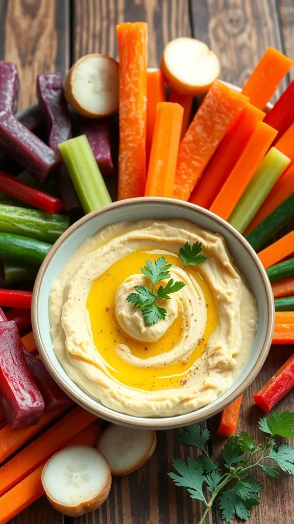 Bowl of lemon garlic hummus surrounded by colorful veggie sticks
