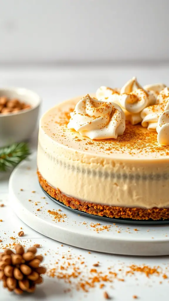 A delicious eggnog cheesecake topped with whipped cream and nutmeg, displayed on a white plate.