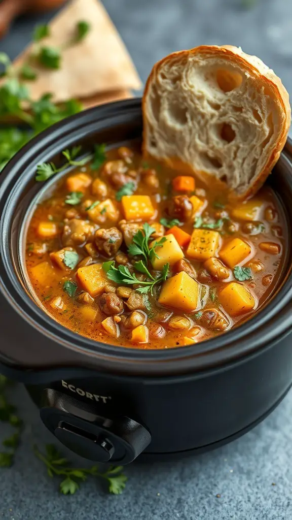 A mini crockpot filled with herbed lentil soup, garnished with fresh herbs and a slice of bread on the side.