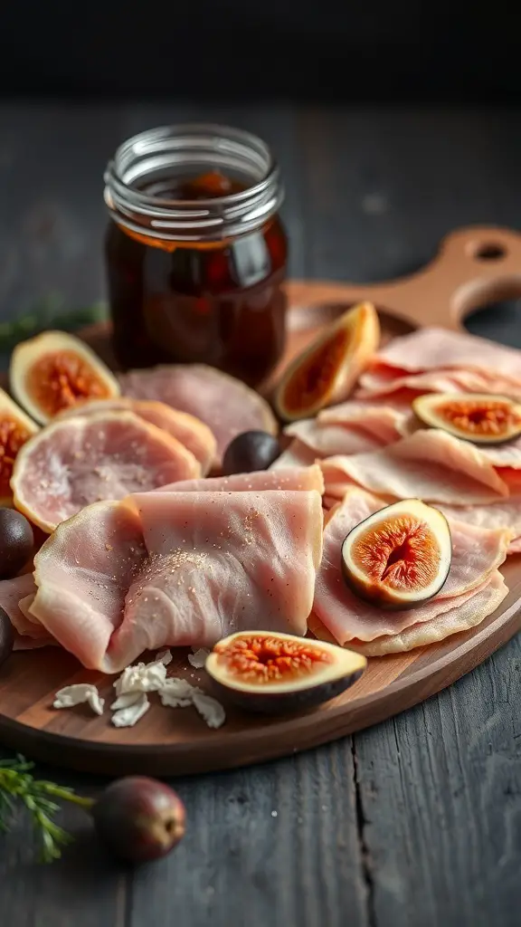 A charcuterie board featuring Serrano ham, fig jam, and fresh figs on a wooden platter.