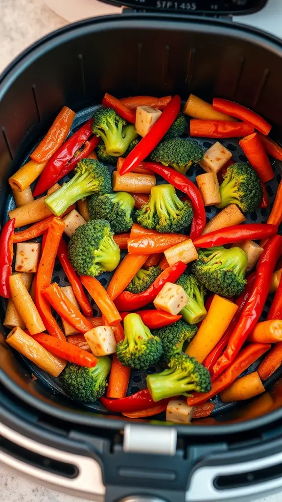 A colorful vegetable medley stir-fry in an air fryer basket, featuring broccoli, red peppers, and carrots.