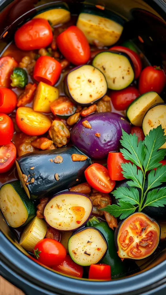 A colorful mix of vegetables including tomatoes, zucchini, eggplant, and bell peppers in a crockpot, topped with fresh herbs.