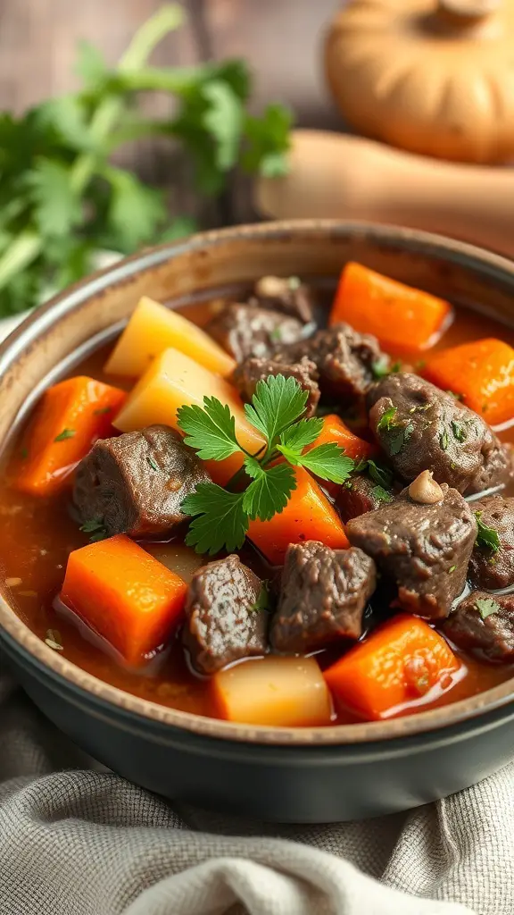 A bowl of hearty beef stew with root vegetables, garnished with fresh herbs.