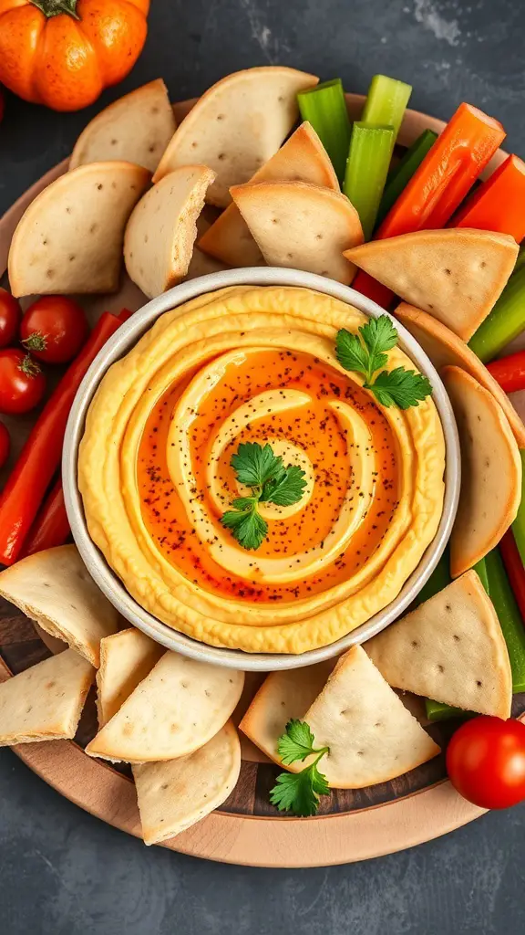 A bowl of spicy hummus surrounded by pita chips and fresh vegetables.