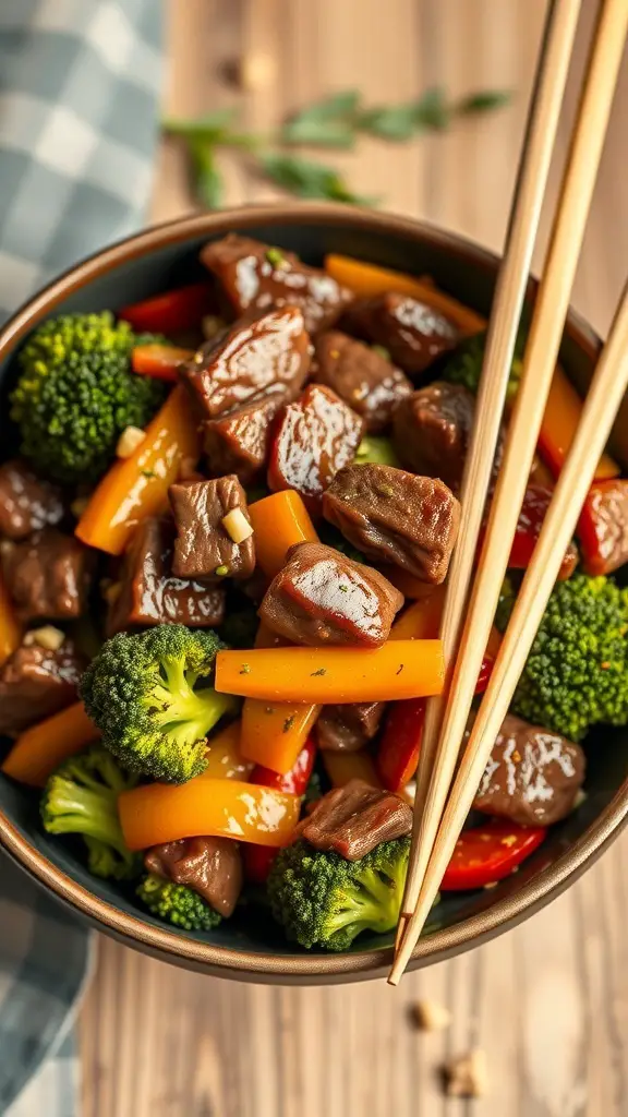 A bowl of beef and broccoli stir-fry with colorful vegetables and chopsticks.