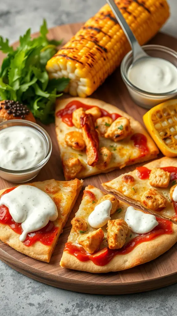 BBQ chicken pizza slices with corn and dipping sauces on a wooden platter.