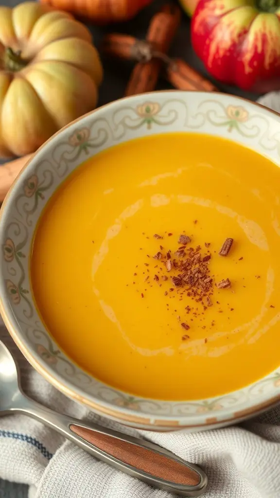 A bowl of butternut squash and apple soup garnished with cinnamon, surrounded by pumpkins and apples.